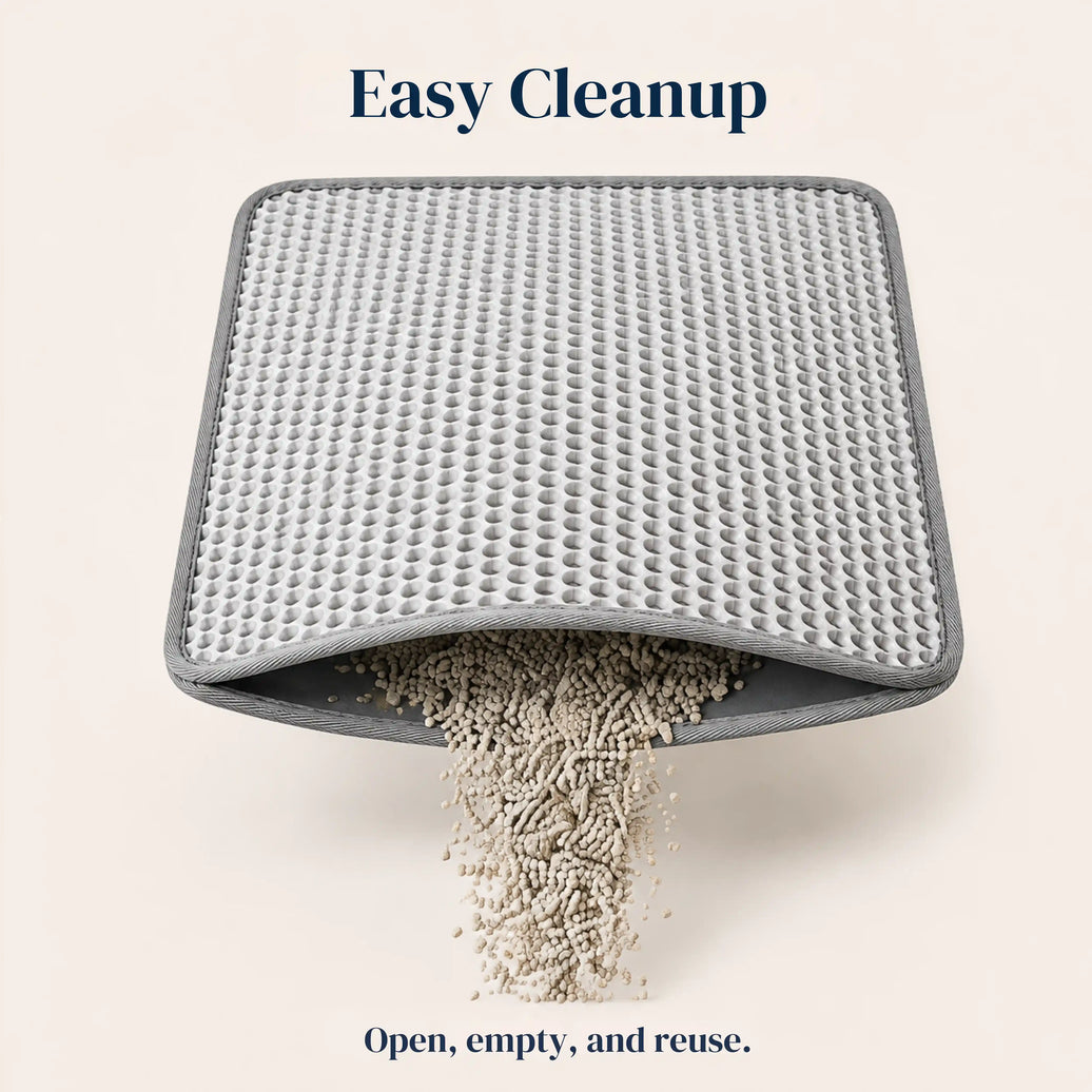 Double-layer honeycomb cat litter mat opening to empty trapped litter quickly, making cleanup simple while allowing collected litter to be reused