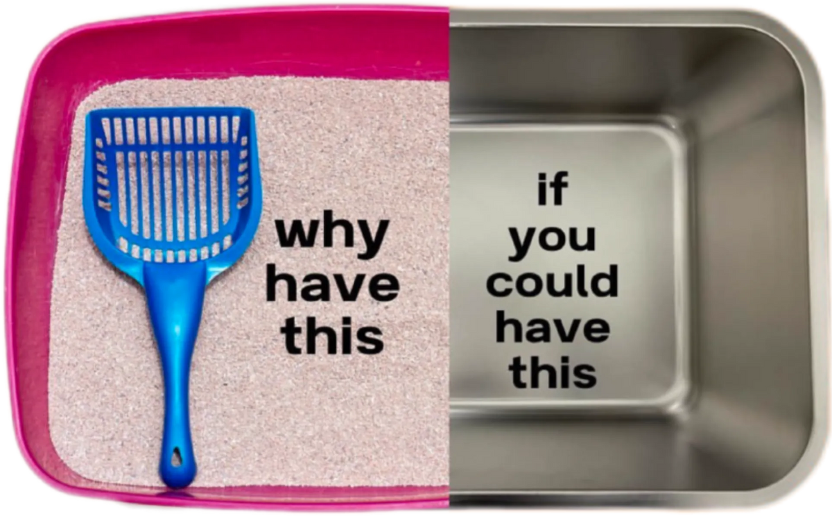 Cat litter pan with scoop and text 'why have this' on pink background