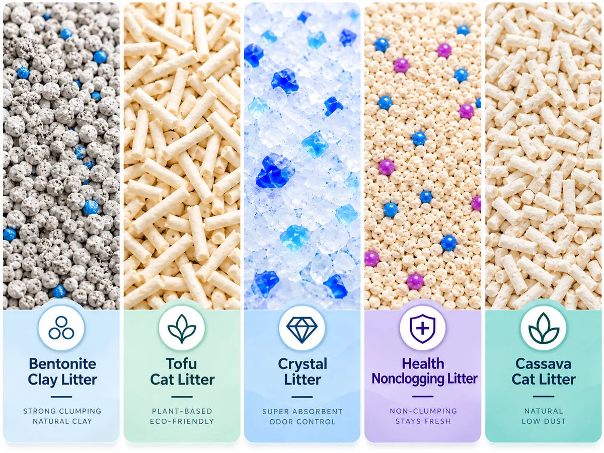 Four vertical panels compare different cat litter types: Bentonite Clay Litter in gray, Tofu Cat Litter in beige, Crystal Litter in white with blue crystals, and Health Monitoring Litter in beige with blue and purple star-shaped crystals. Each panel is labeled with its litter type and a corresponding icon.