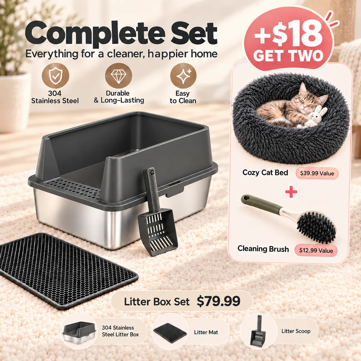 XXL 304 Stainless Steel Cat Litter Box