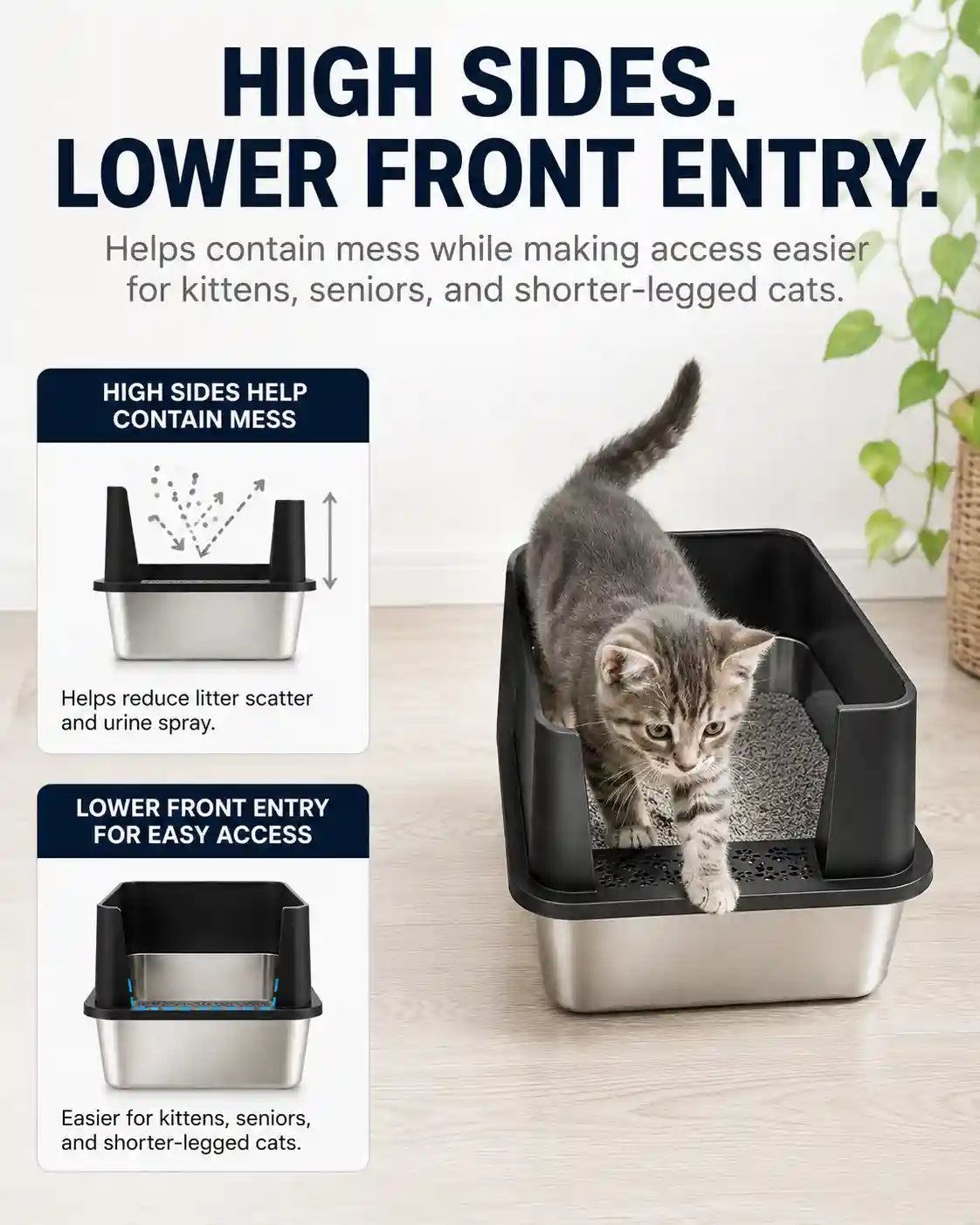 6 in 1 STAINLESS STEEL BUNDLE XXL Stainless Steel Cat Litter Box with High Sides and Low Entry