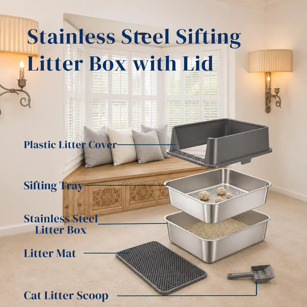 XXL Stainless Steel Sifting Litter Box with 2-Pan System, High Sides, Scoop & Mat – 23.6" L × 15.7" W