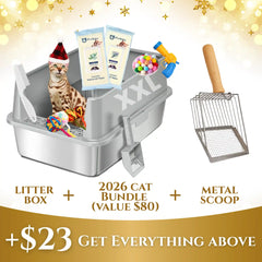 Cat litter box bundle with cat toys, treats, and scoop on a festive background