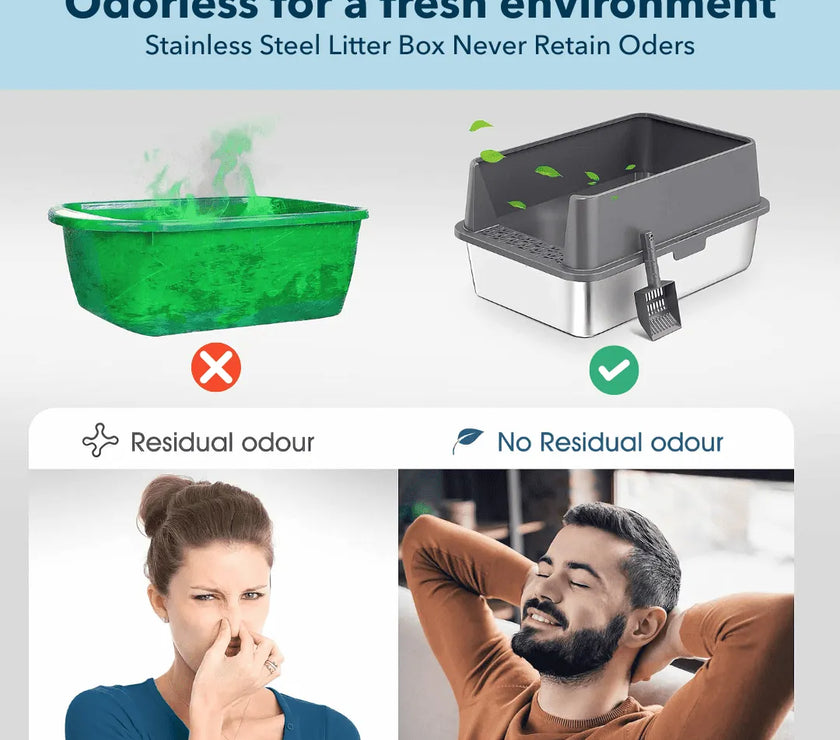 Stainless steel litter box with green waste, showing residual odor issue and solution.