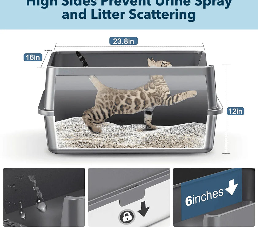 Cat litter box with dimensions and features highlighted, showing a cat using the litter box.