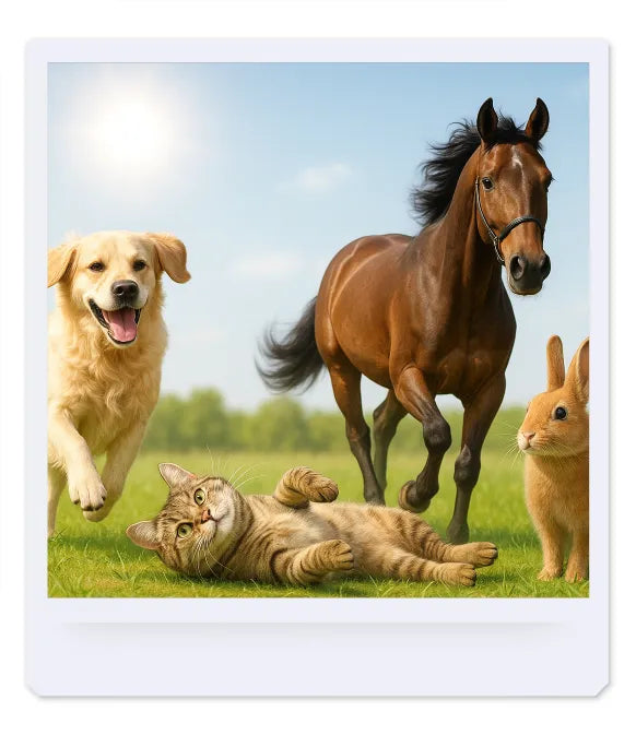 Dog, cat, horse, and rabbit in a grassy field with a blue sky.