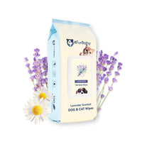 Package of 4FurBaby lavender-scented dog and cat wipes with flowers on a white background
