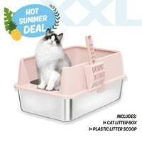 Cat sitting in a pink and clear cat litter box with a 'Hot Summer Deal' label.