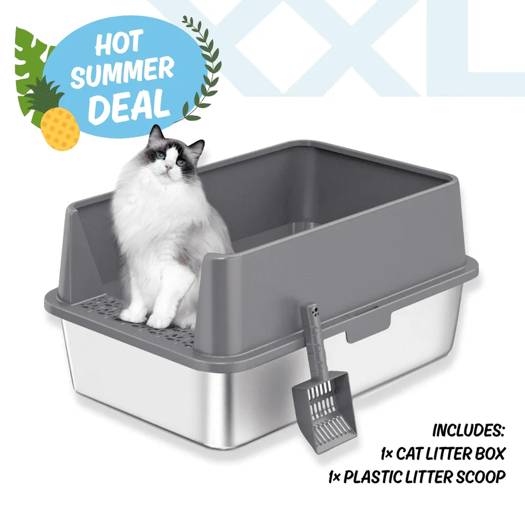 Cat sitting in a gray cat litter box with a plastic scoop, on a white background with 'Hot Summer Deal' text.