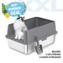 Cat sitting in a gray cat litter box with a plastic scoop, on a white background with 'Hot Summer Deal' text.