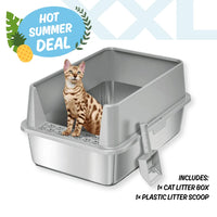 Cat litter box with a cat inside, promotional text for a hot summer deal on a white background.