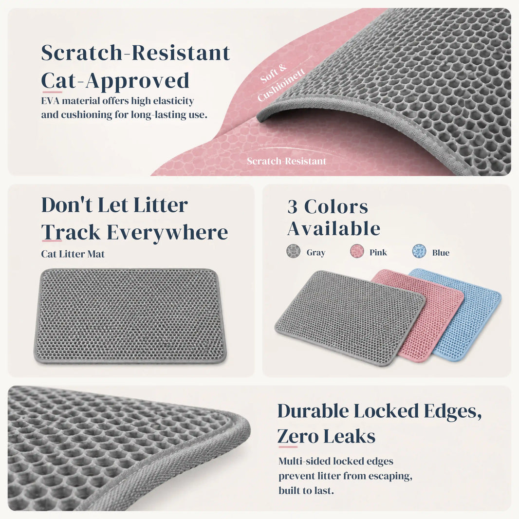 Scratch-resistant honeycomb cat litter mat with cushioned EVA material, leak-proof locked edges, and gray, pink, and blue color options