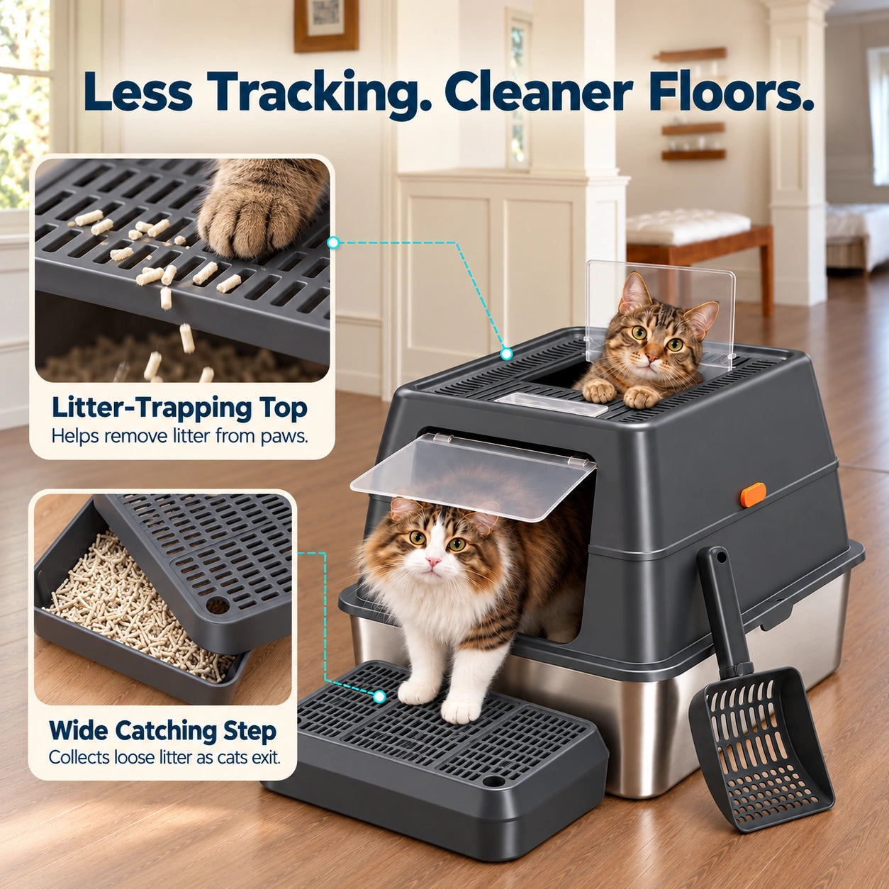 XXXL Stainless Steel Cat Litter Box with Lid – Dual Entry, 28" L × 20" W × 18" H