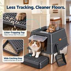 XXXL Stainless Steel Cat Litter Box with Lid – Dual Entry, 28" L × 20" W × 18" H