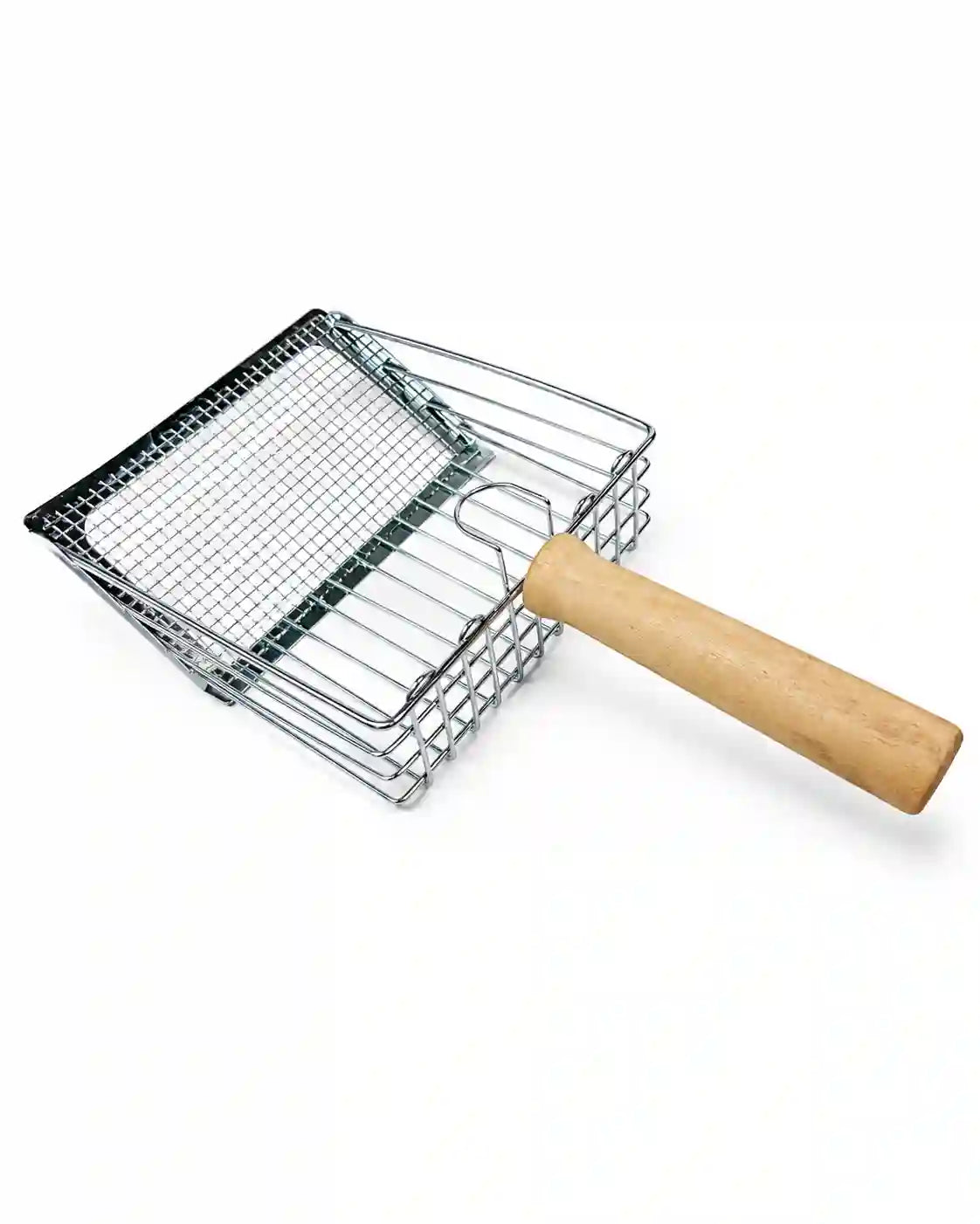 Angled view of a stainless steel mesh cat litter scoop with a deep rectangular basket and wooden handle