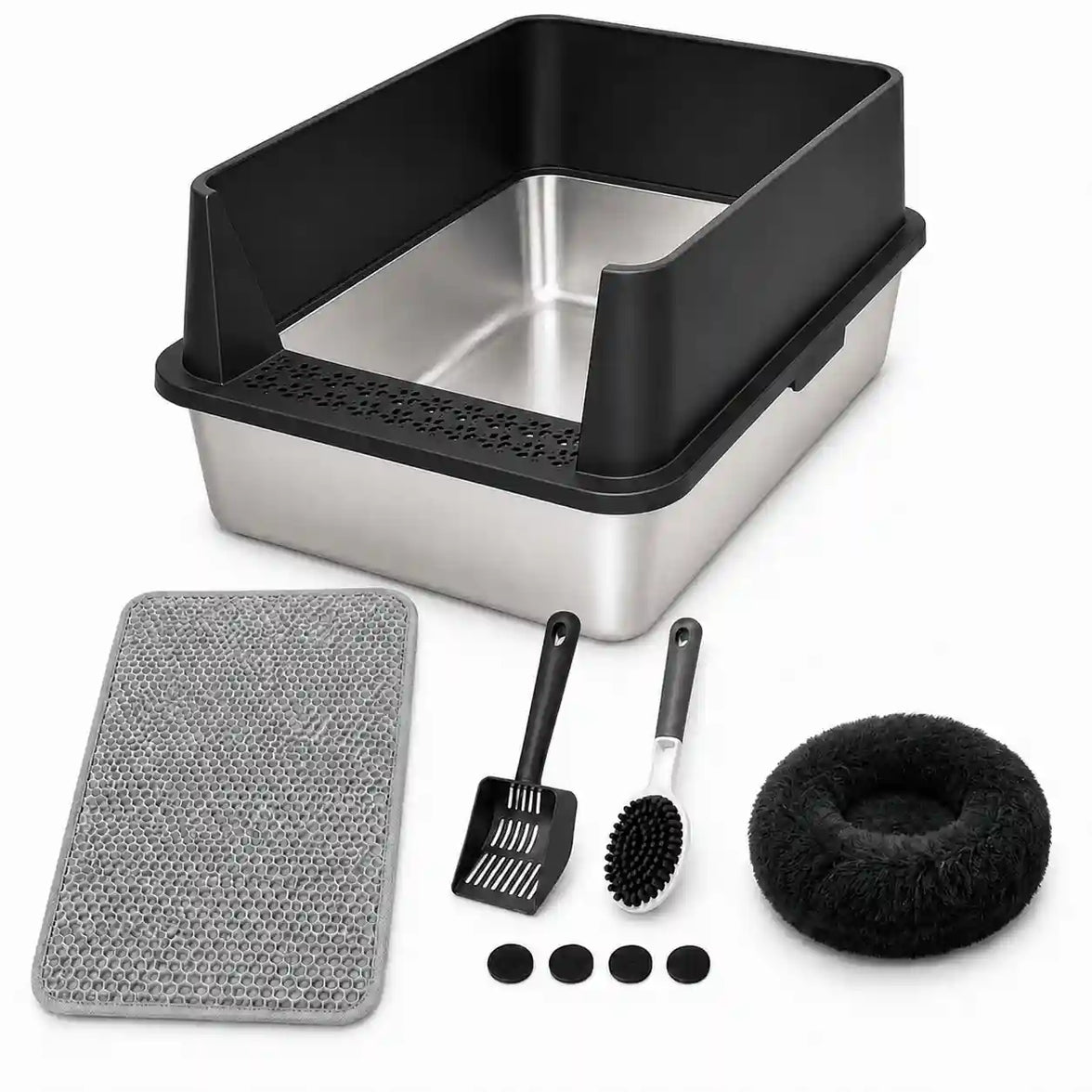 Cozy Cat Home Bundle –XXL Stainless Steel Cat Litter Box Bundle with 20" Cat Bed – 23.6" L × 15.7" W × 12" H