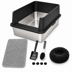 Cozy Cat Home Bundle –XXL Stainless Steel Cat Litter Box Bundle with 20" Cat Bed – 23.6" L × 15.7" W × 12" H