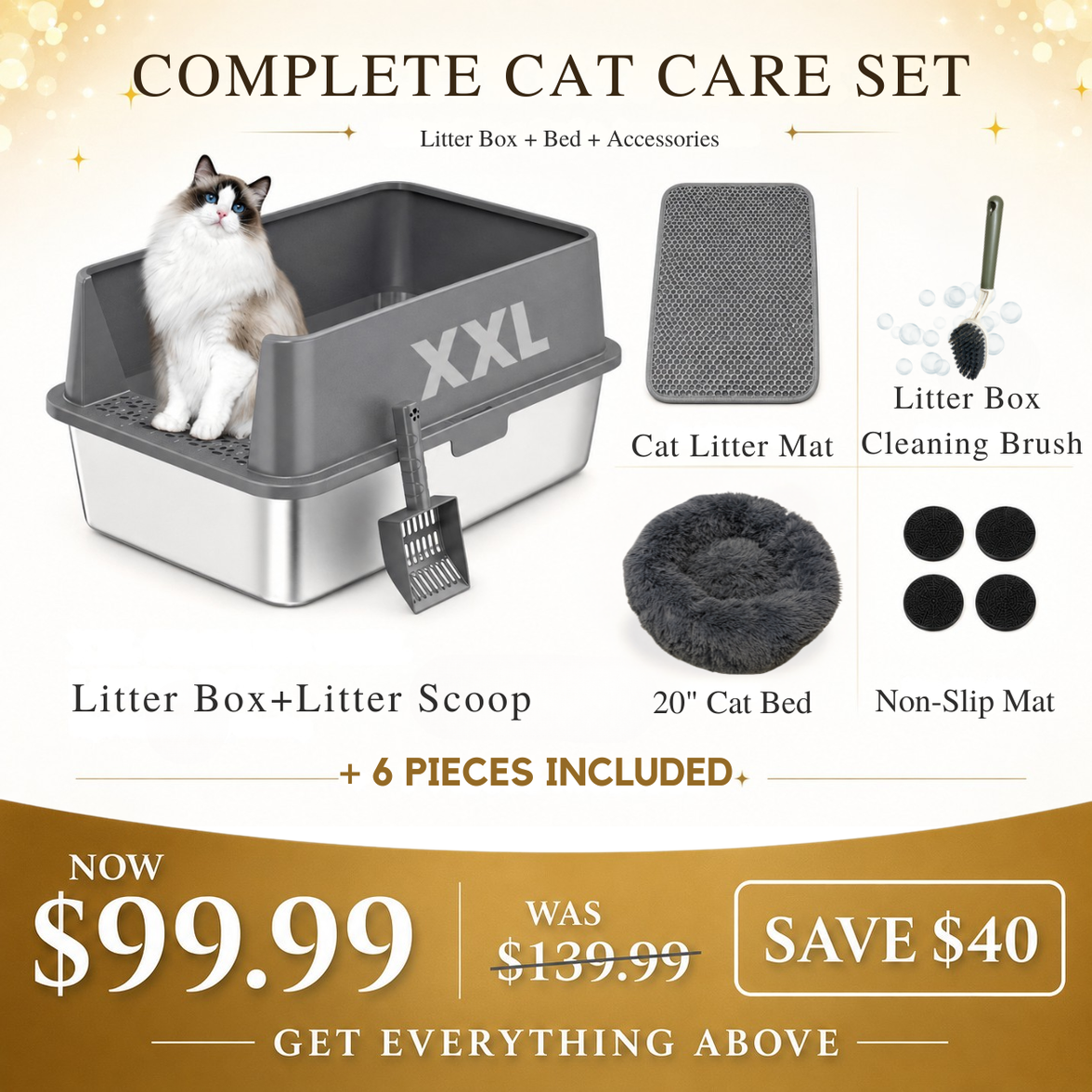 Complete 6-piece cat care set with an XXL high-sided stainless steel litter box, scoop, honeycomb litter mat, 20-inch plush cat bed, cleaning brush, and non-slip pads