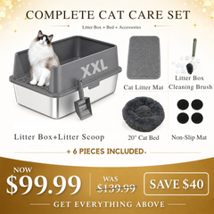 Complete 6-piece cat care set with an XXL high-sided stainless steel litter box, scoop, honeycomb litter mat, 20-inch plush cat bed, cleaning brush, and non-slip pads