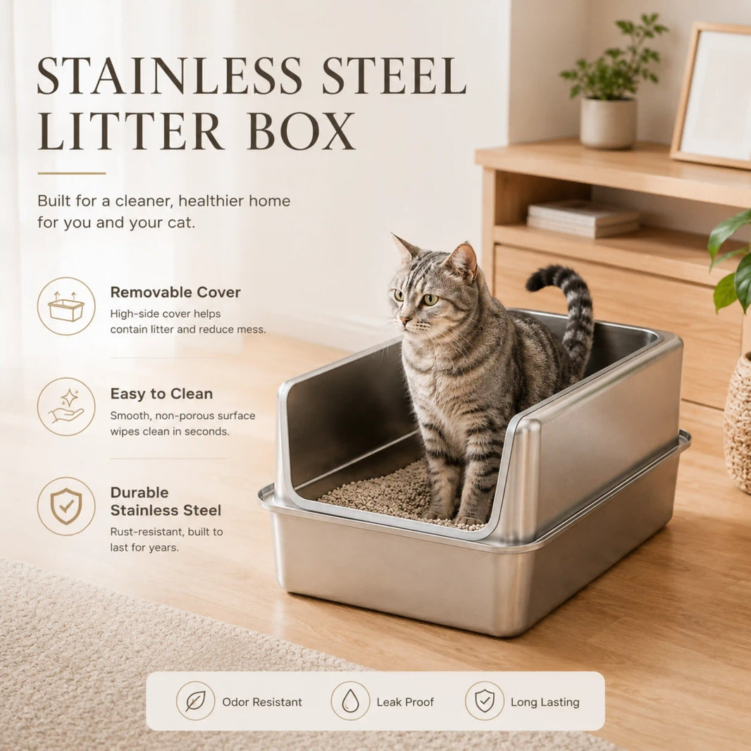 Create a Cleaner Cat Care Space With a Durable Stainless Steel Litter Box Featuring a Removable High-Side Cover, Non-Porous Surface, and Easy-Clean Design