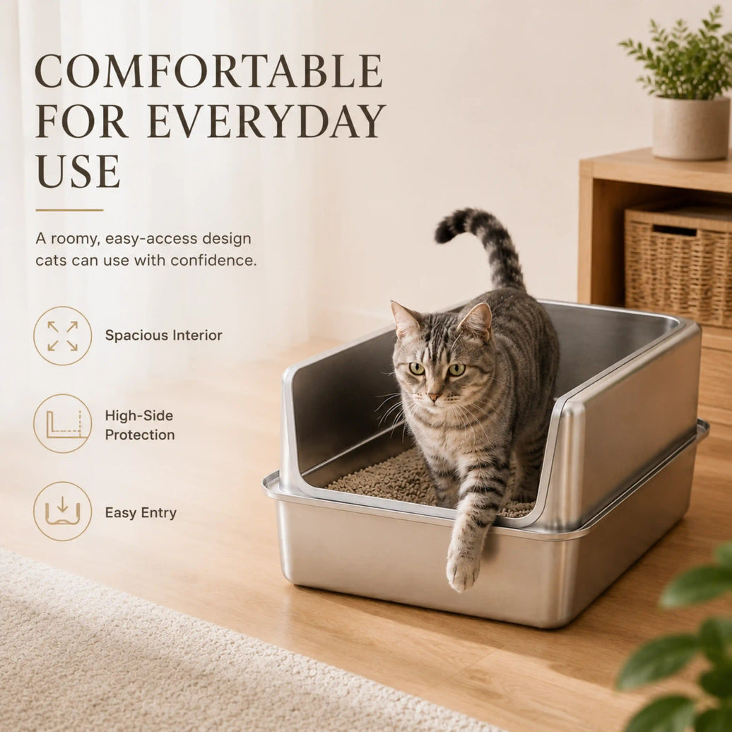 Give Your Cat More Room to Turn, Dig, and Step Out Comfortably With a Spacious High-Sided Stainless Steel Litter Box Featuring an Easy Front Entry