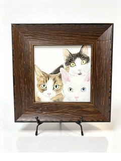 Alt Text	SEO Name
Front view of a rustic dark wood pet memorial frame displaying a portrait of three cats on a black metal tabletop easel