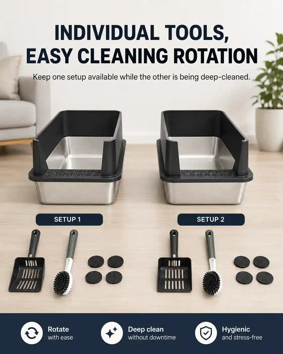 6 in 1 STAINLESS STEEL BUNDLE XXL Stainless Steel Cat Litter Box with High Sides and Low Entry