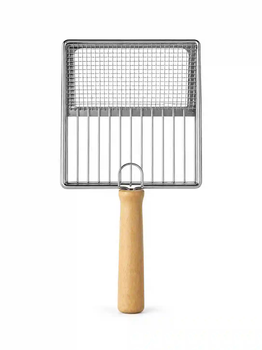 Stainless steel mesh cat litter scoop with a wide rectangular sifting basket and comfortable wooden handle