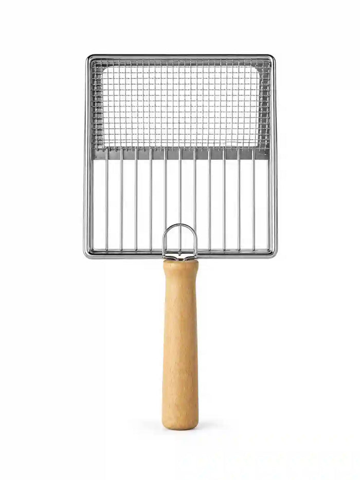 Stainless steel mesh cat litter scoop with a wide rectangular sifting basket and comfortable wooden handle