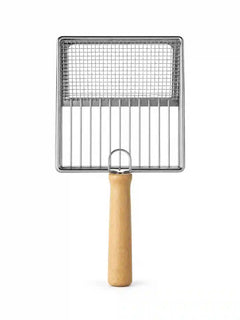 Stainless steel mesh cat litter scoop with a wide rectangular sifting basket and comfortable wooden handle