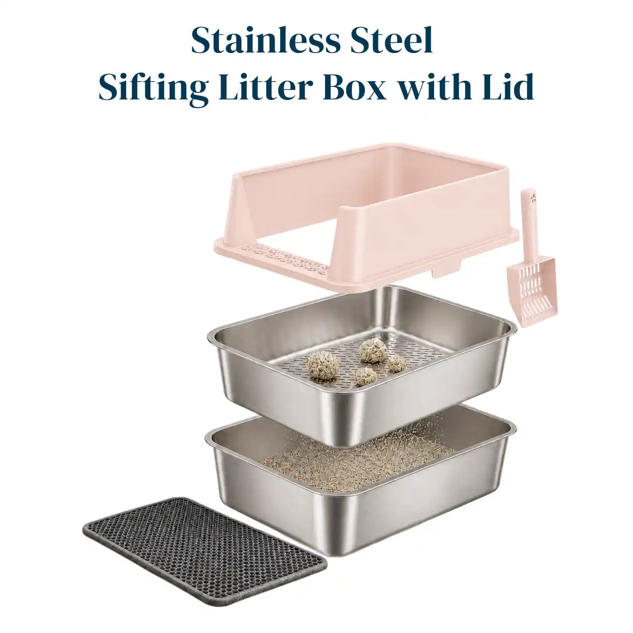 XXL Stainless Steel Sifting Litter Box with 2-Pan System, High Sides, Scoop & Mat – 23.6" L × 15.7" W
