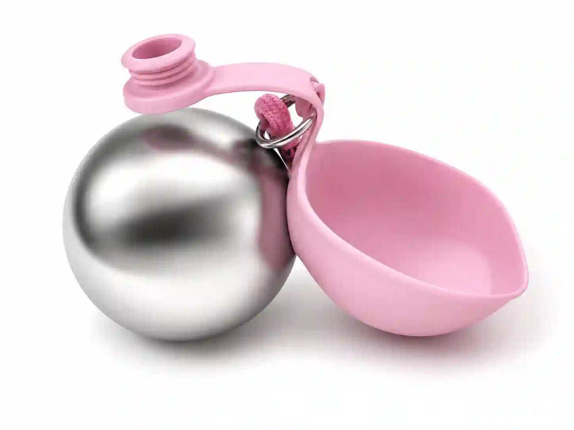 Ball-Shaped Stainless Steel Pet Water Bottle with Drinking Bowl, Hanging No-Drip Water Feeder