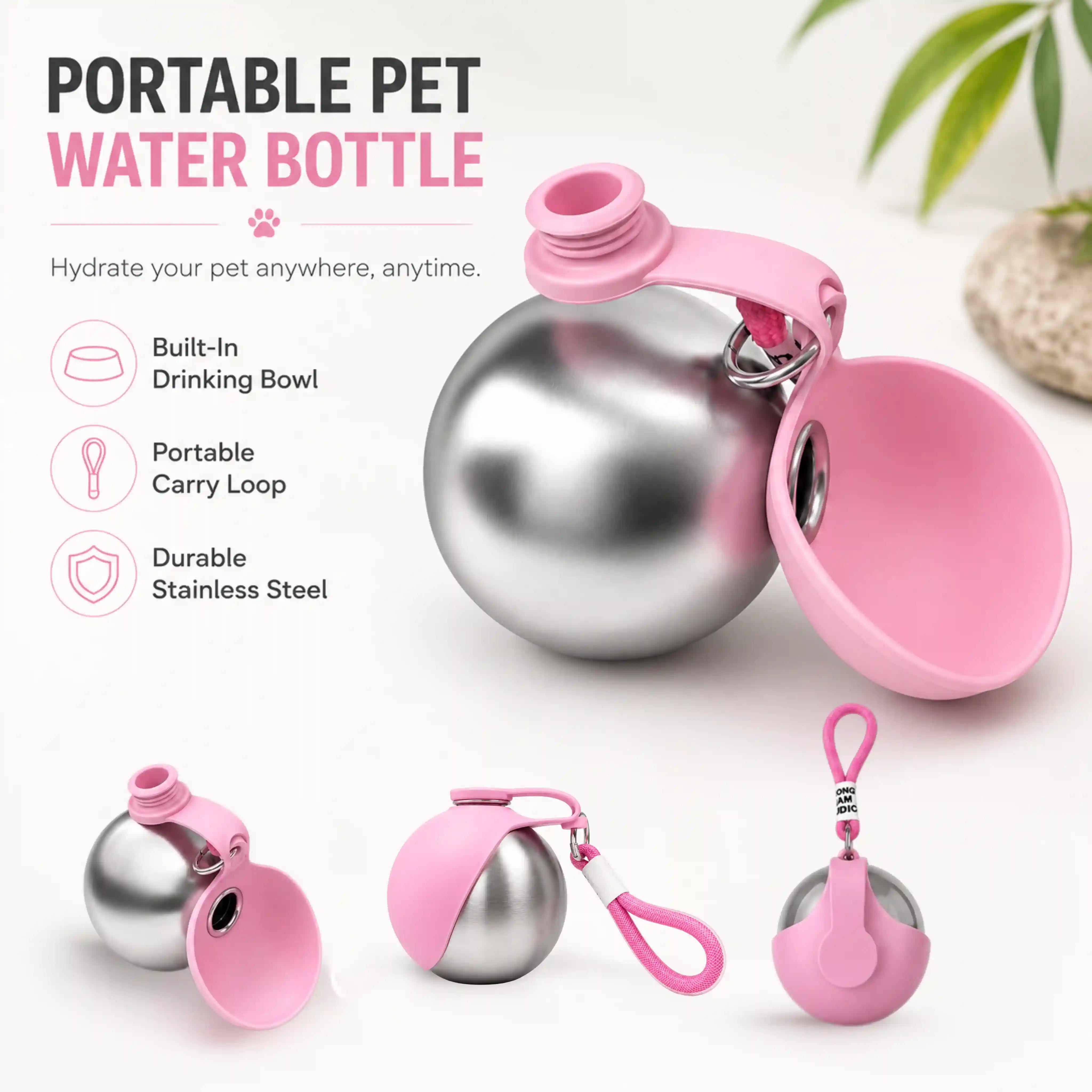Hydrate Your Pet Anywhere With a Stainless Steel Water Bottle, Built-In Bowl, and Carry Loop