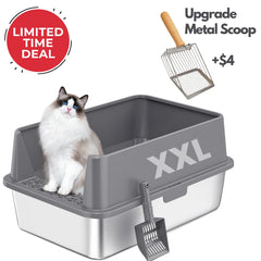 Cat sitting in a gray XXL cat litter box with a metal scoop and limited time deal label.