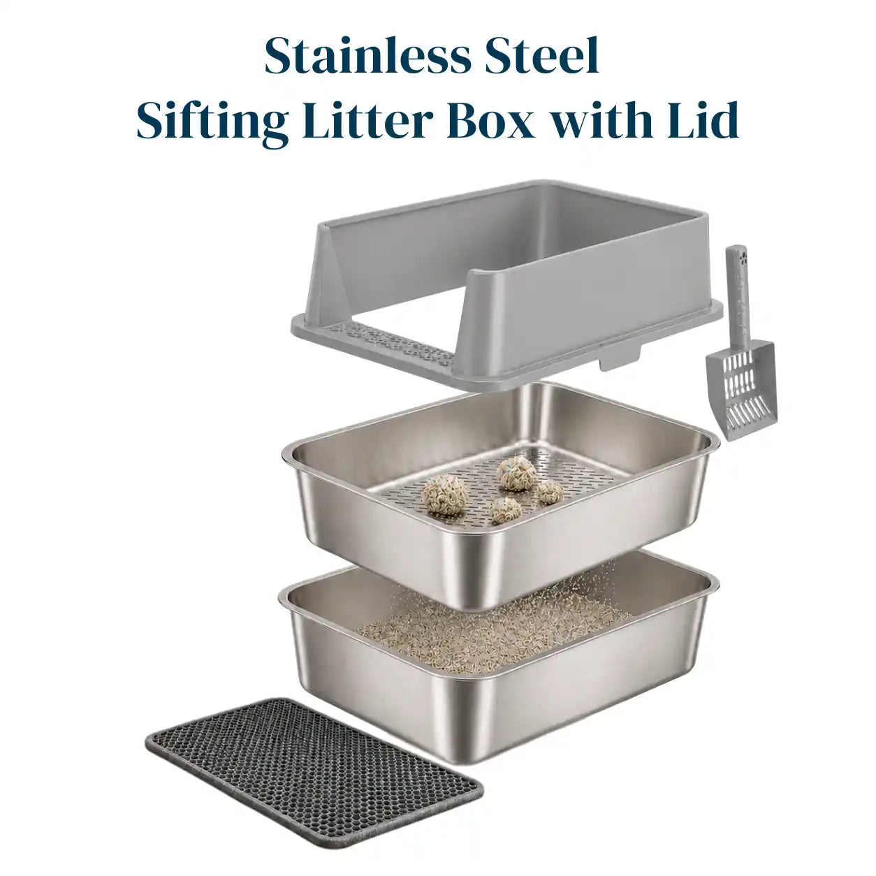 XXL Stainless Steel Sifting Litter Box with 2-Pan System, High Sides, Scoop & Mat – 23.6" L × 15.7" W