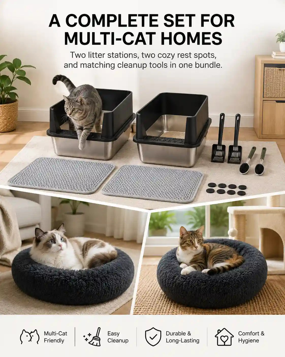6 in 1 STAINLESS STEEL BUNDLE XXL Stainless Steel Cat Litter Box with High Sides and Low Entry