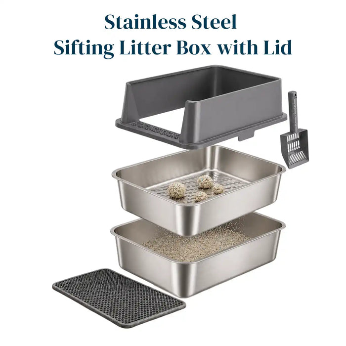 XXL Stainless Steel Sifting Litter Box with 2-Pan System, High Sides, Scoop & Mat – 23.6" L × 15.7" W
