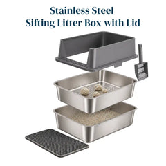 XXL Stainless Steel Sifting Litter Box with 2-Pan System, High Sides, Scoop & Mat – 23.6" L × 15.7" W