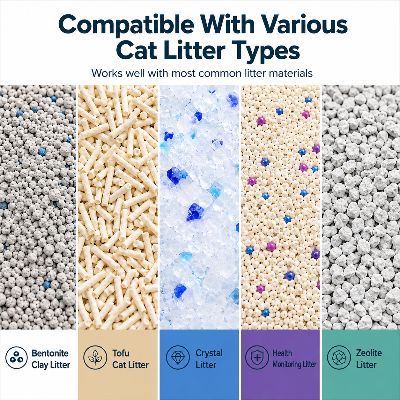 Cat litter compatibility chart with various types of cat litter materials.