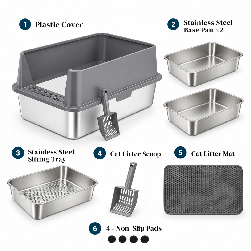 XXL Stainless Steel Sifting Litter Box – 3-Pan System (2 Base Pans + 1 Sifting Tray), High Sides, Scoop & Mat