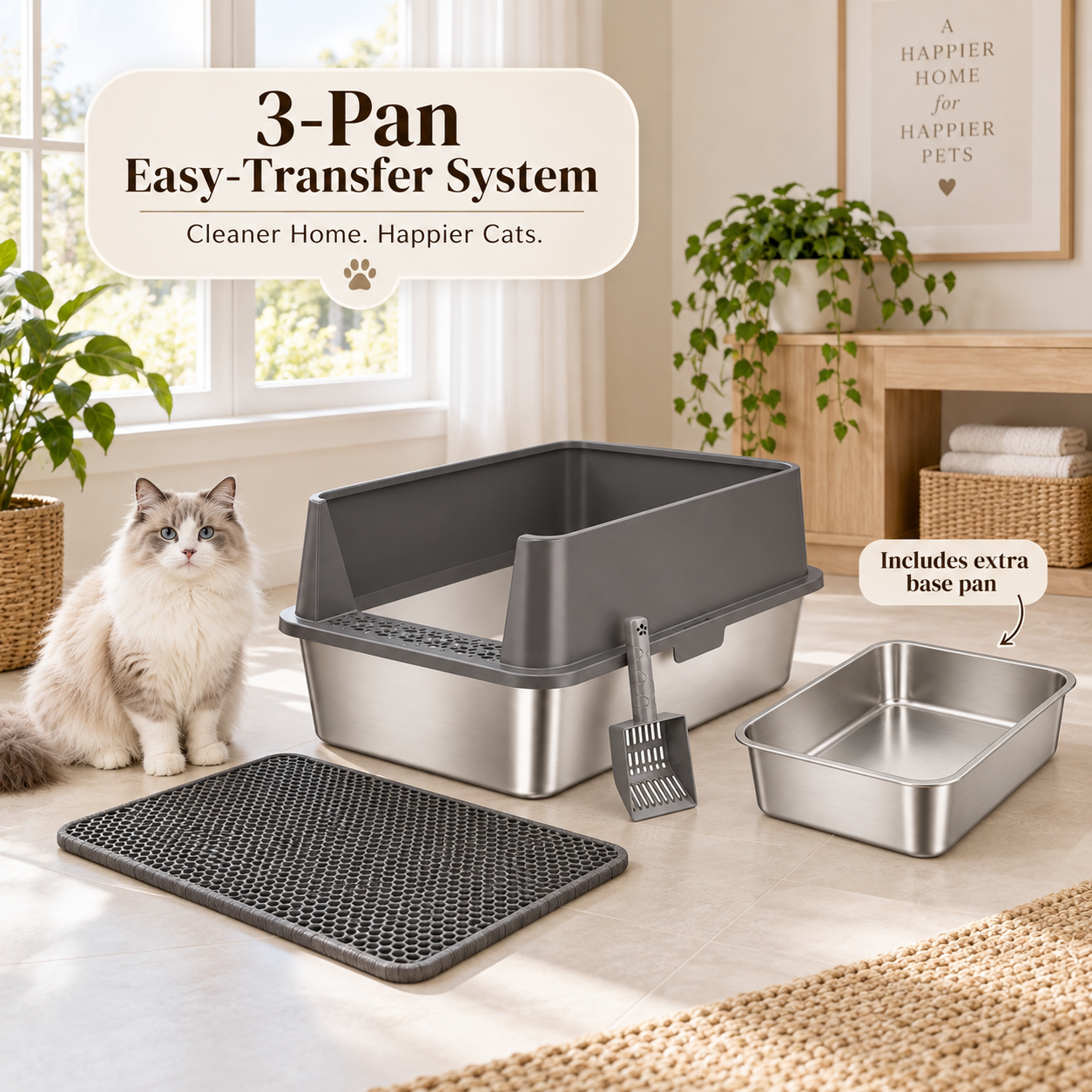 A fluffy white cat sits beside a 3-pan easy-transfer litter system set in a bright room. The set includes a dark gray litter box with stainless steel base, a smaller stainless steel base pan, a rectangular mat, and a scoop.