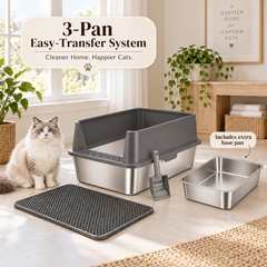 A fluffy white cat sits beside a 3-pan easy-transfer litter system set in a bright room. The set includes a dark gray litter box with stainless steel base, a smaller stainless steel base pan, a rectangular mat, and a scoop.