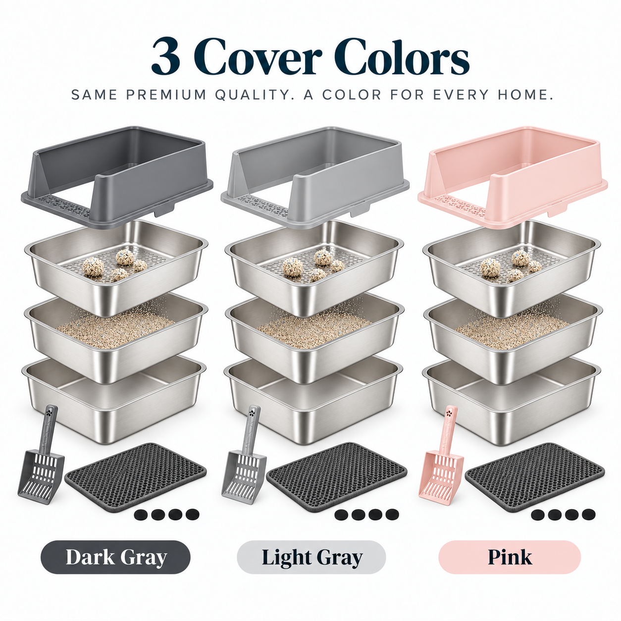 Three litter box cover sets shown side by side in dark gray, light gray, and pink, each with stainless steel tray sections, a mesh top, scoop, and mat. Text at the top reads '3 Cover Colors' and labels the three options below.