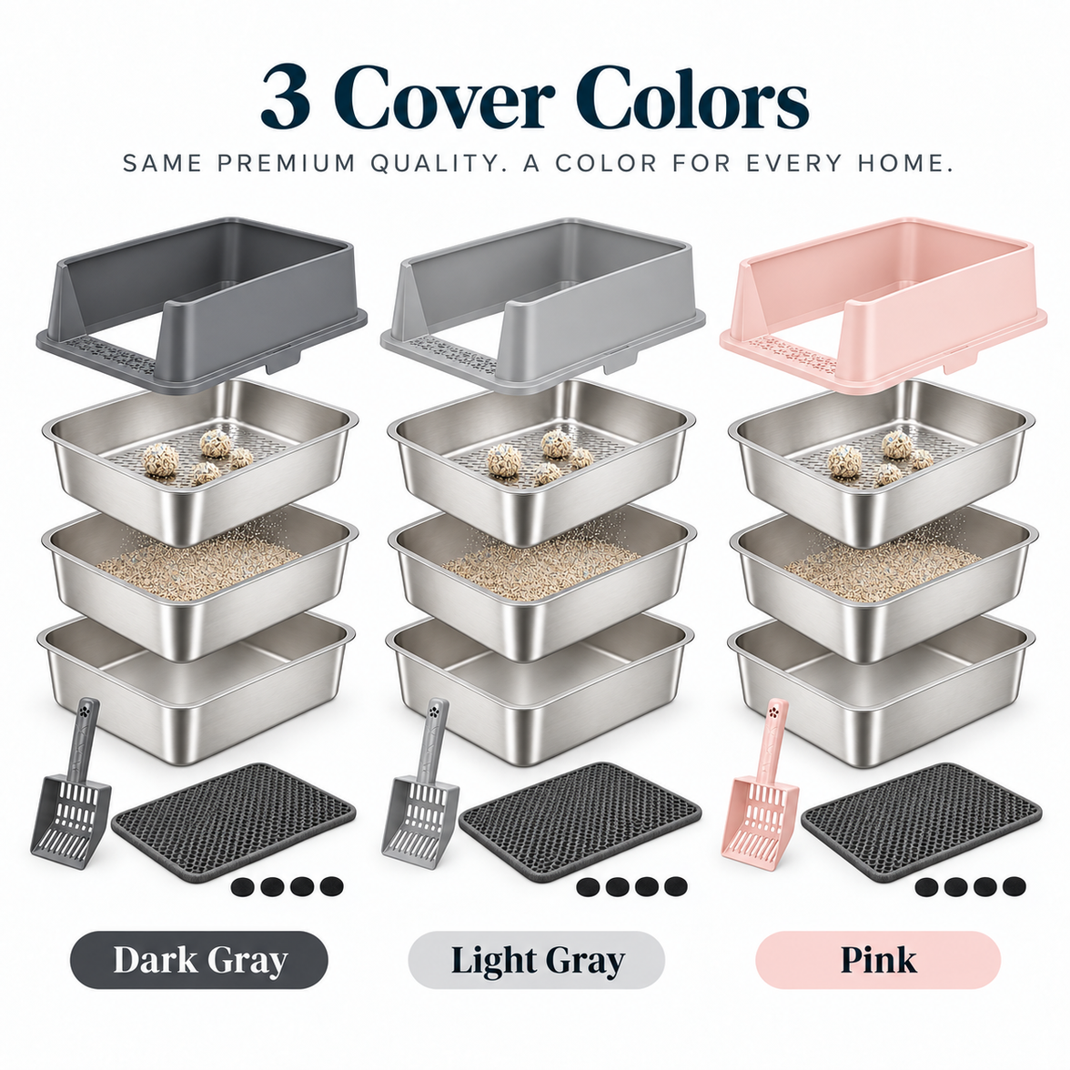 Three litter box cover sets shown side by side in dark gray, light gray, and pink, each with stainless steel tray sections, a mesh top, scoop, and mat. Text at the top reads '3 Cover Colors' and labels the three options below.