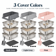 Three litter box cover sets shown side by side in dark gray, light gray, and pink, each with stainless steel tray sections, a mesh top, scoop, and mat. Text at the top reads '3 Cover Colors' and labels the three options below.