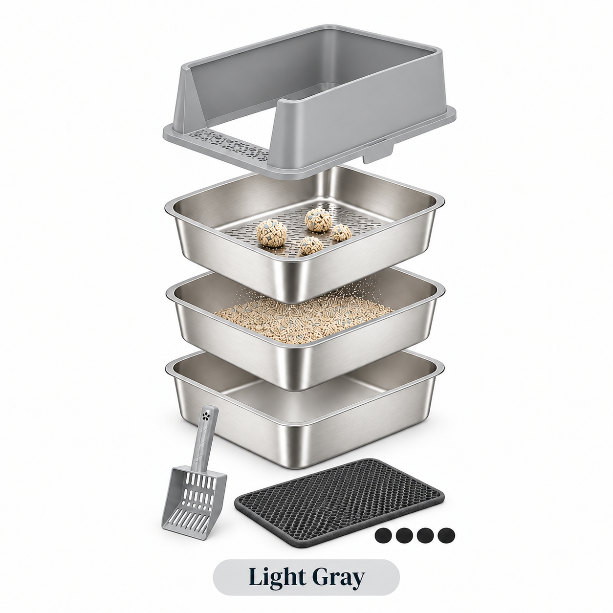 XXL Stainless Steel Sifting Litter Box – 3-Pan System (2 Base Pans + 1 Sifting Tray), High Sides, Scoop & Mat