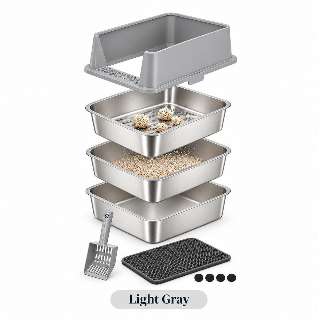 XXL Stainless Steel Sifting Litter Box – 3-Pan System (2 Base Pans + 1 Sifting Tray), High Sides, Scoop & Mat