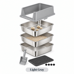 XXL Stainless Steel Sifting Litter Box – 3-Pan System (2 Base Pans + 1 Sifting Tray), High Sides, Scoop & Mat