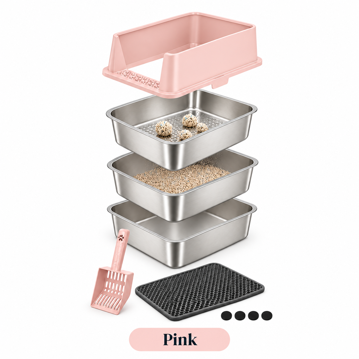XXL Stainless Steel Sifting Litter Box – 3-Pan System (2 Base Pans + 1 Sifting Tray), High Sides, Scoop & Mat