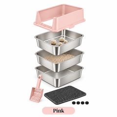 XXL Stainless Steel Sifting Litter Box – 3-Pan System (2 Base Pans + 1 Sifting Tray), High Sides, Scoop & Mat